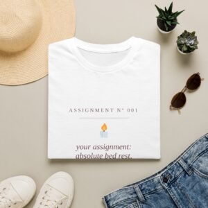 Assignment Nº 001 tee by Low Battery Club — dim cream shirt with burgundy result-card print — product photo 1