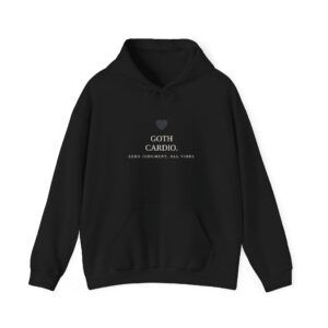 Goth Cardio hoodie by Low Battery Club — black pullover with cream “Goth Cardio” chest print, front view
