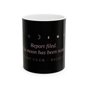 Moon Report mug by Low Battery Club — black ceramic mug with rose moon-phase print — product photo 1